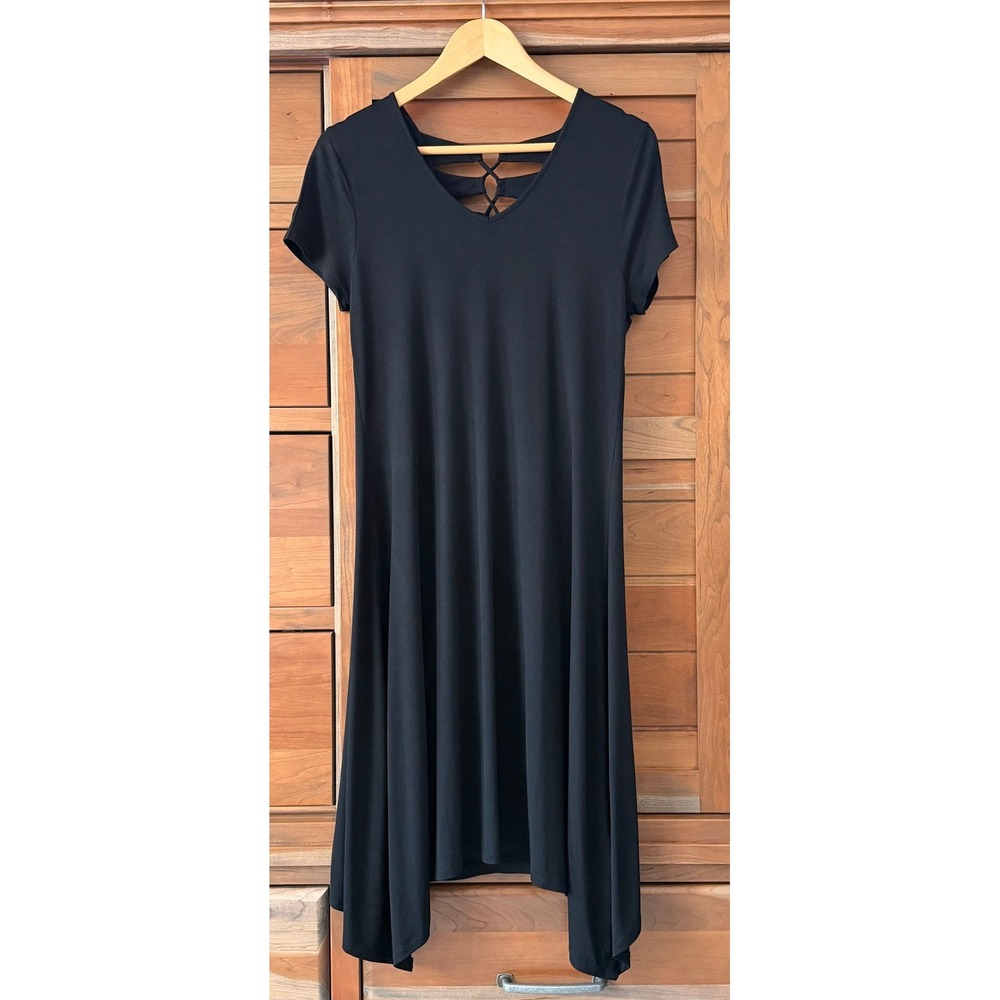 Chico's Size 1 (M) Back Detail Jersey Dress Midi Black Lightweight Sharkbite Hem